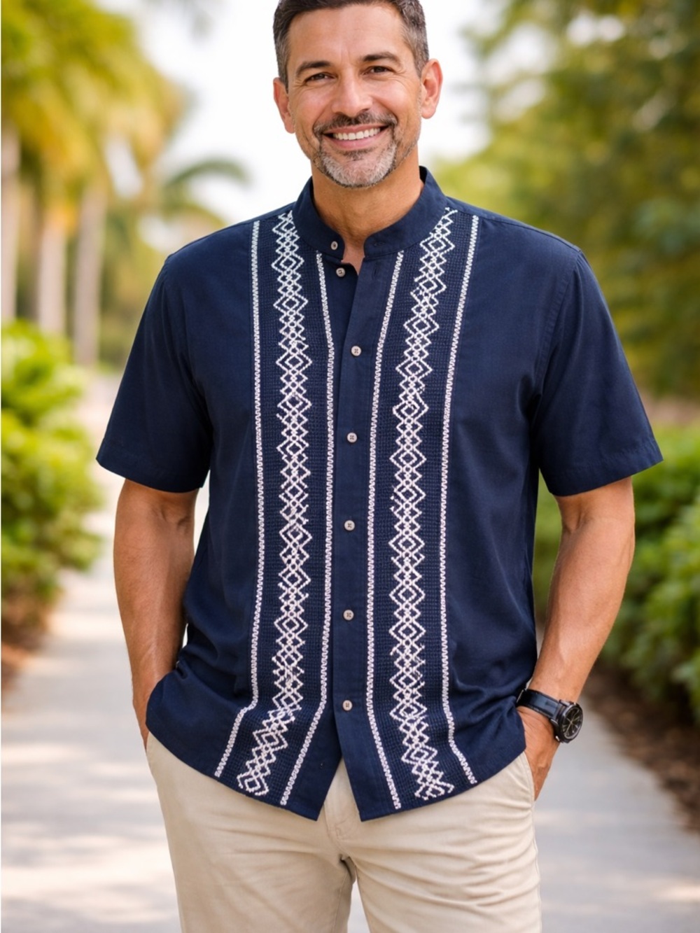 Men's Short-Sleeve Navy Embroidered Button-Down Shirt